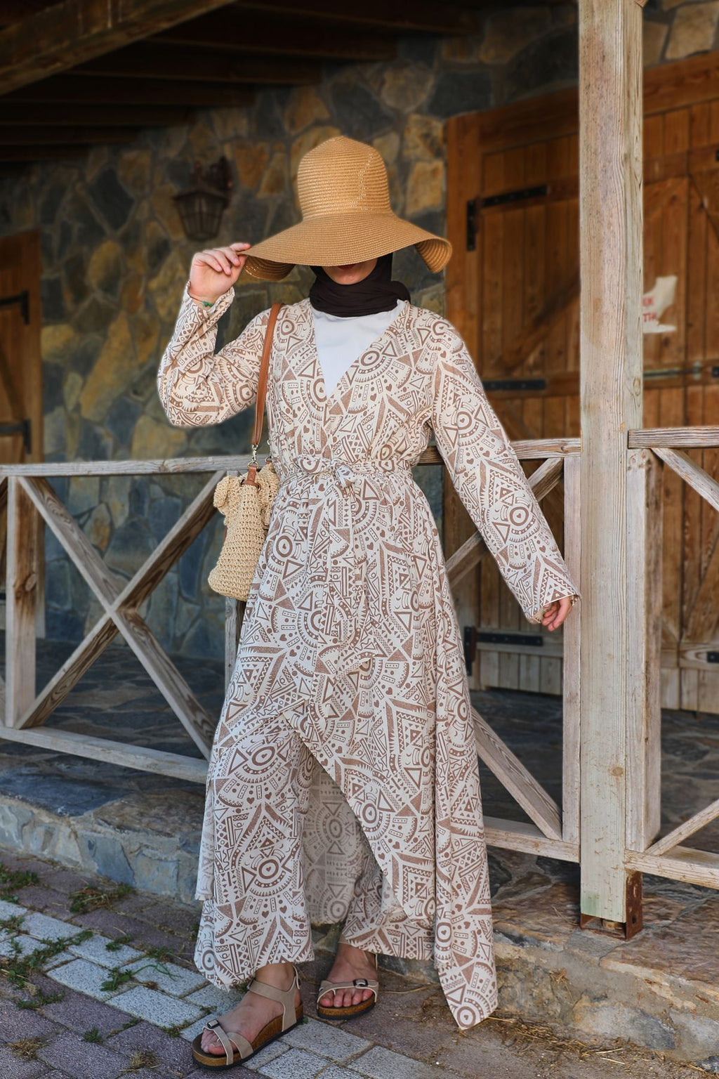 Kahverengi Etnik Desenli Şile Bezi Kimono