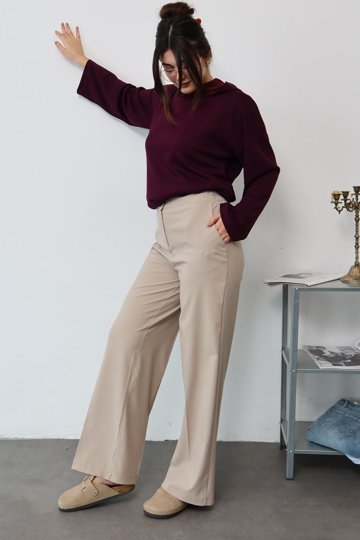 Bej Poliviskon Palazzo Pantolon