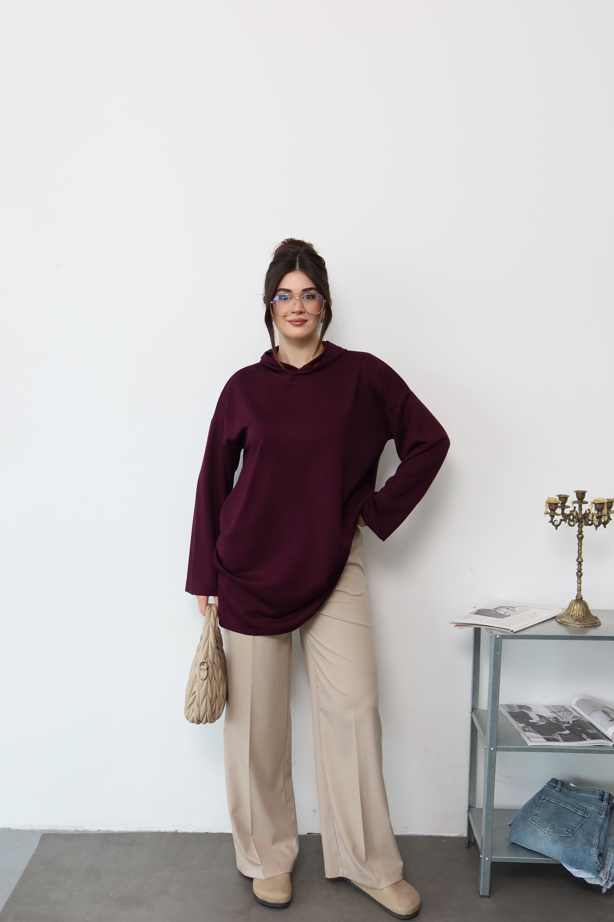 Bordo Kapüşonlu Sweatshirt