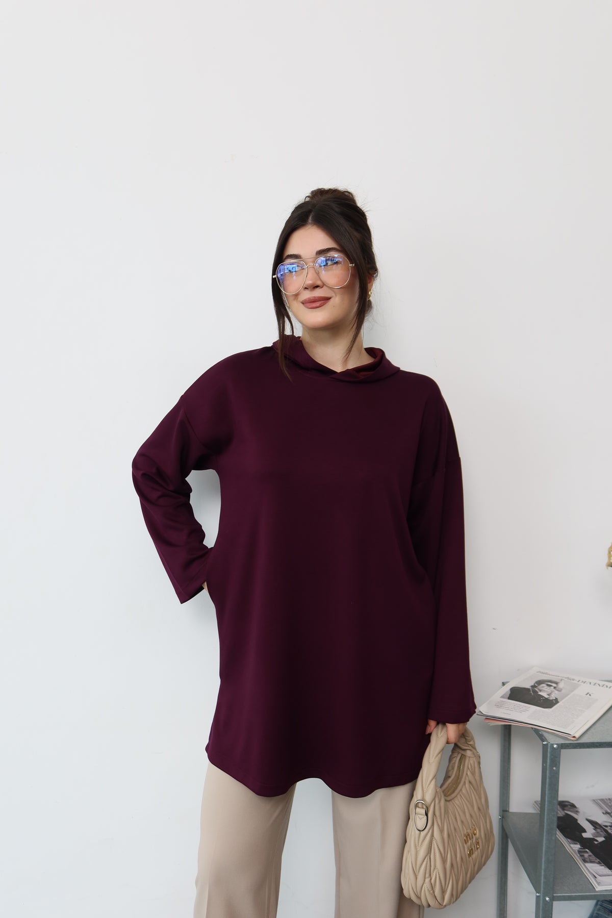 Bordo Kapüşonlu Sweatshirt