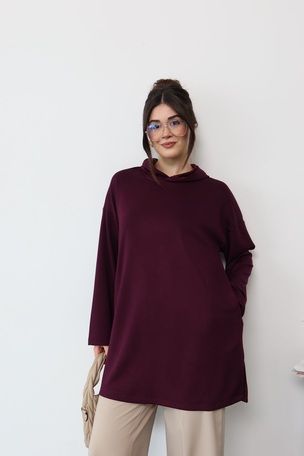 Bordo Kapüşonlu Sweatshirt