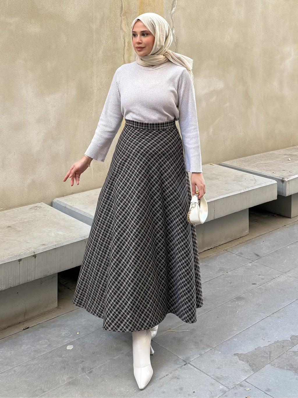 Ekoseli Kışlık Kloş Etek Kahverengi