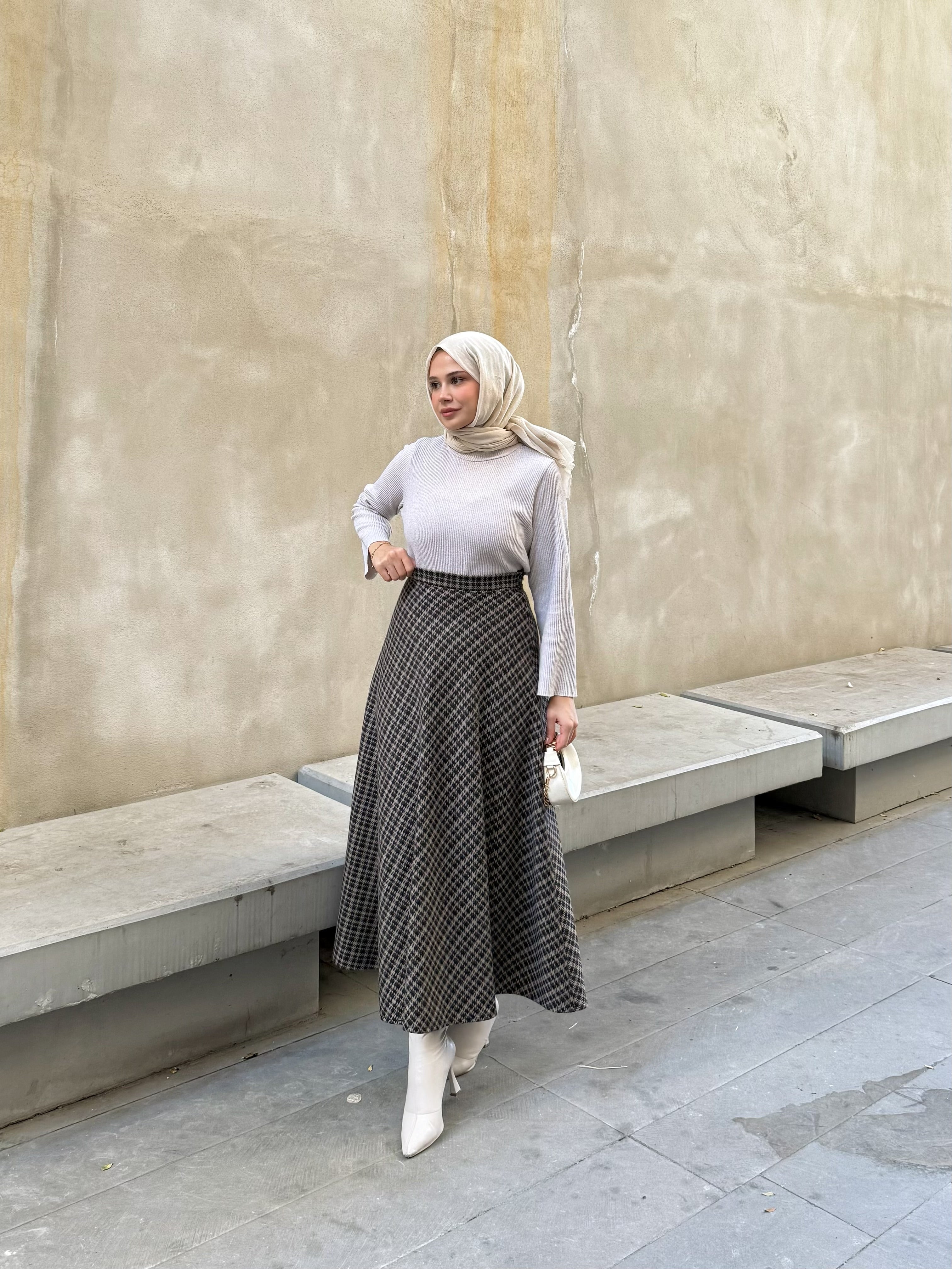 Ekoseli Kışlık Kloş Etek Kahverengi