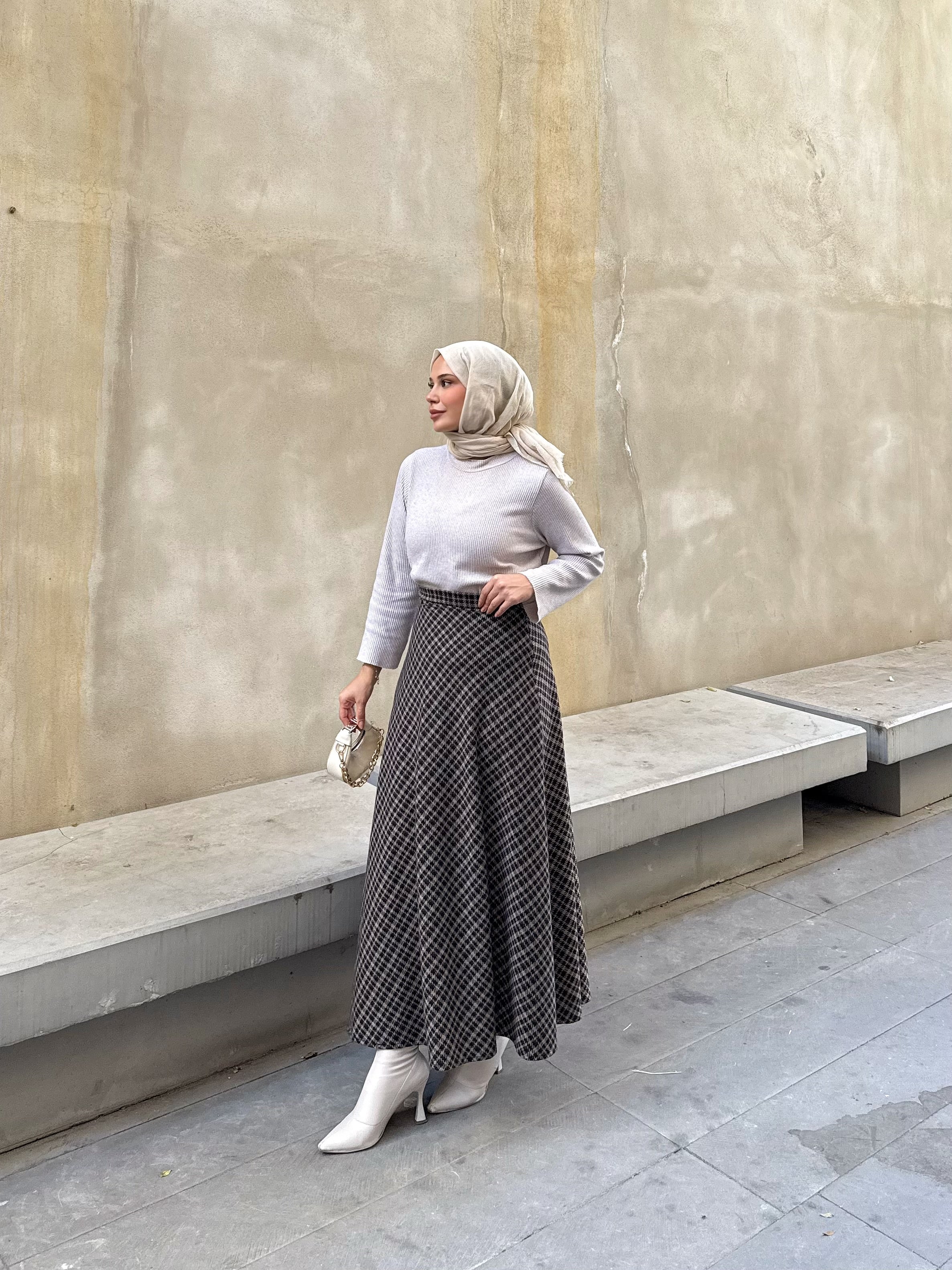 Ekoseli Kışlık Kloş Etek Kahverengi