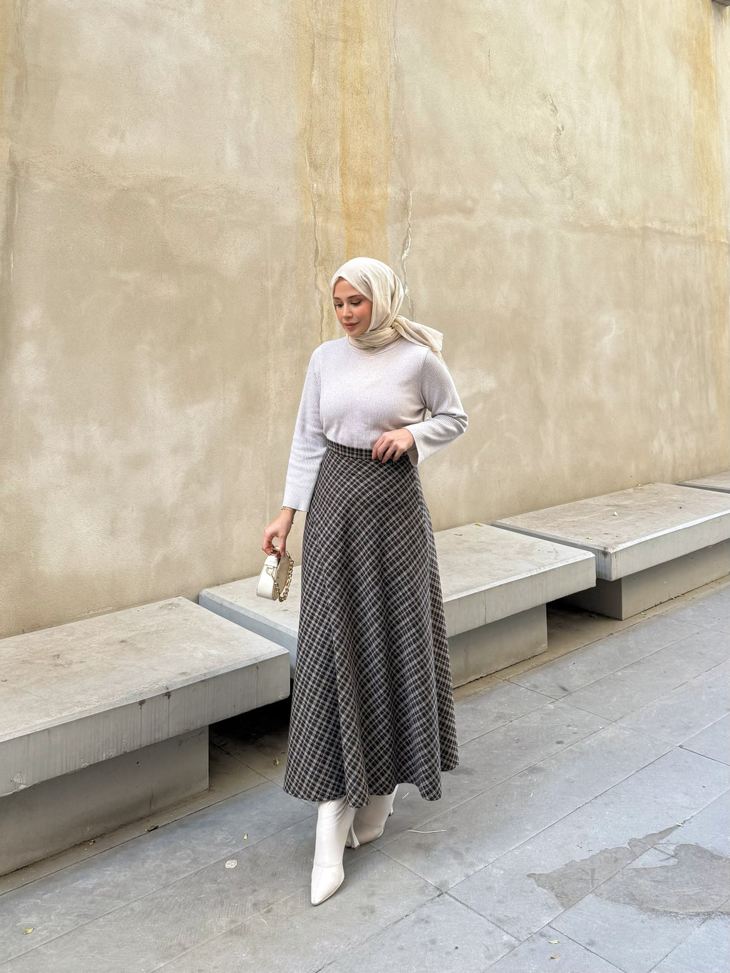 Ekoseli Kışlık Kloş Etek Kahverengi