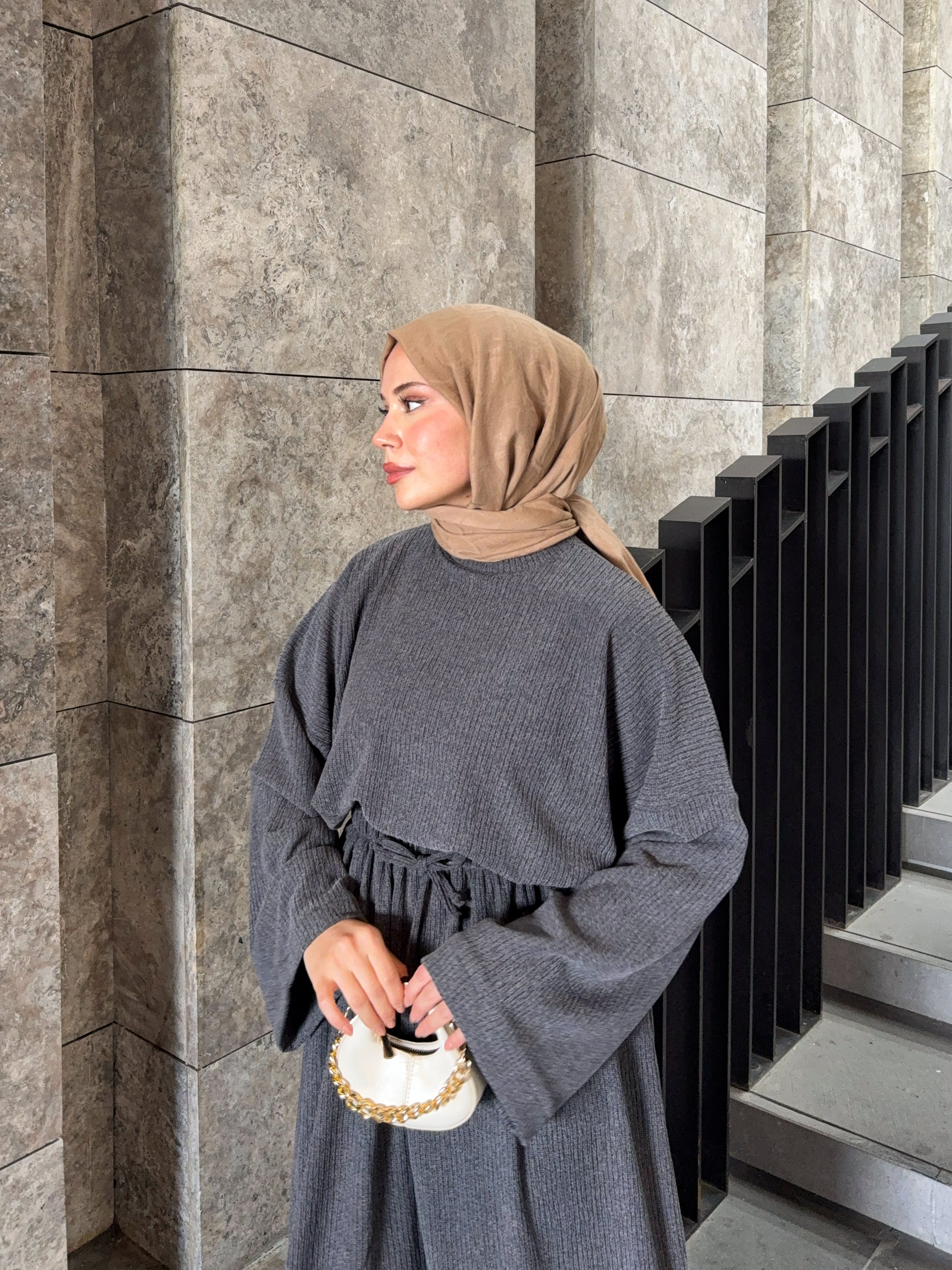 Kadın Örme Gri Etekli Salaş Takım