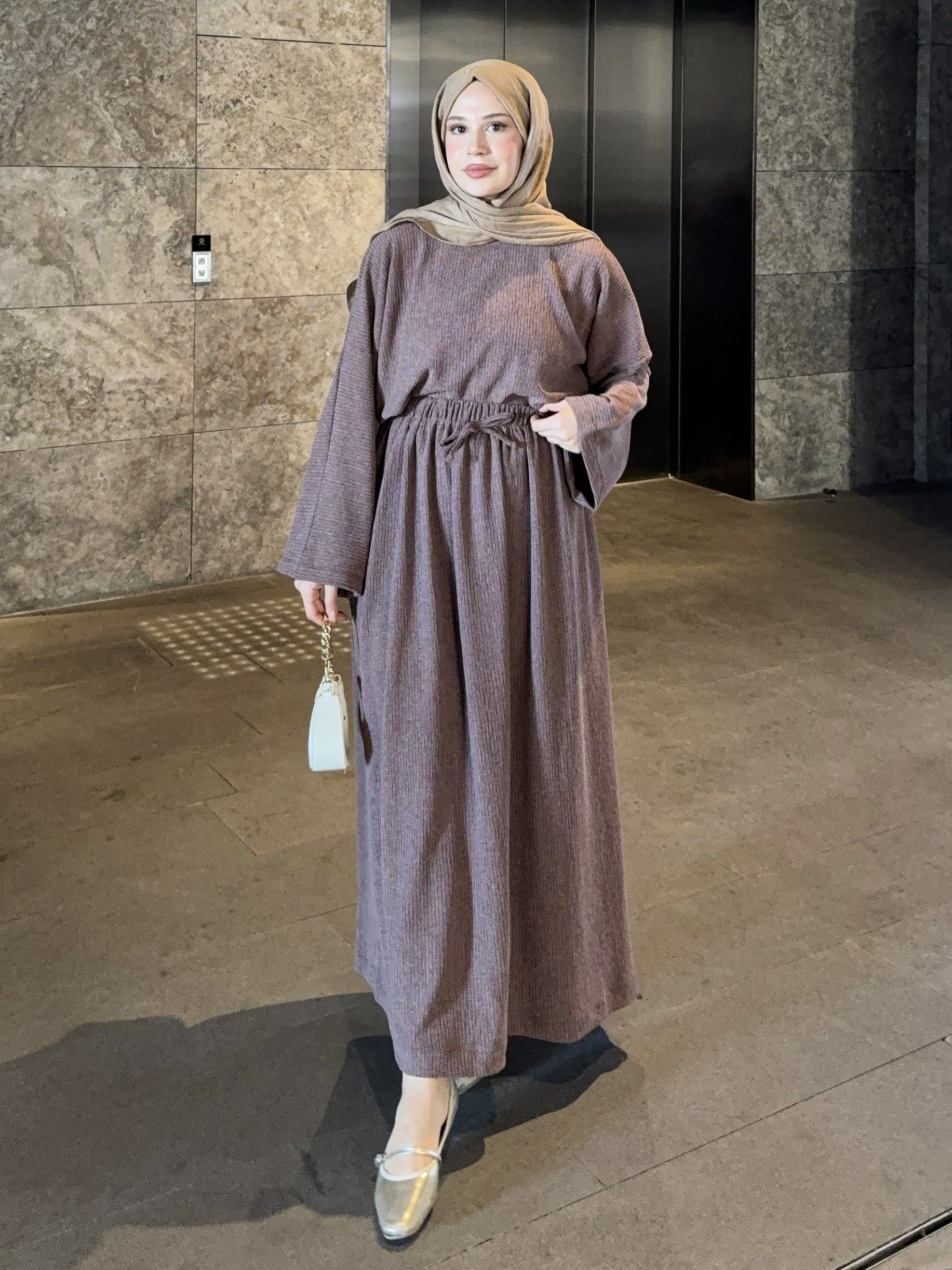 Kadın Örme Kahverengi Etekli Salaş Takım