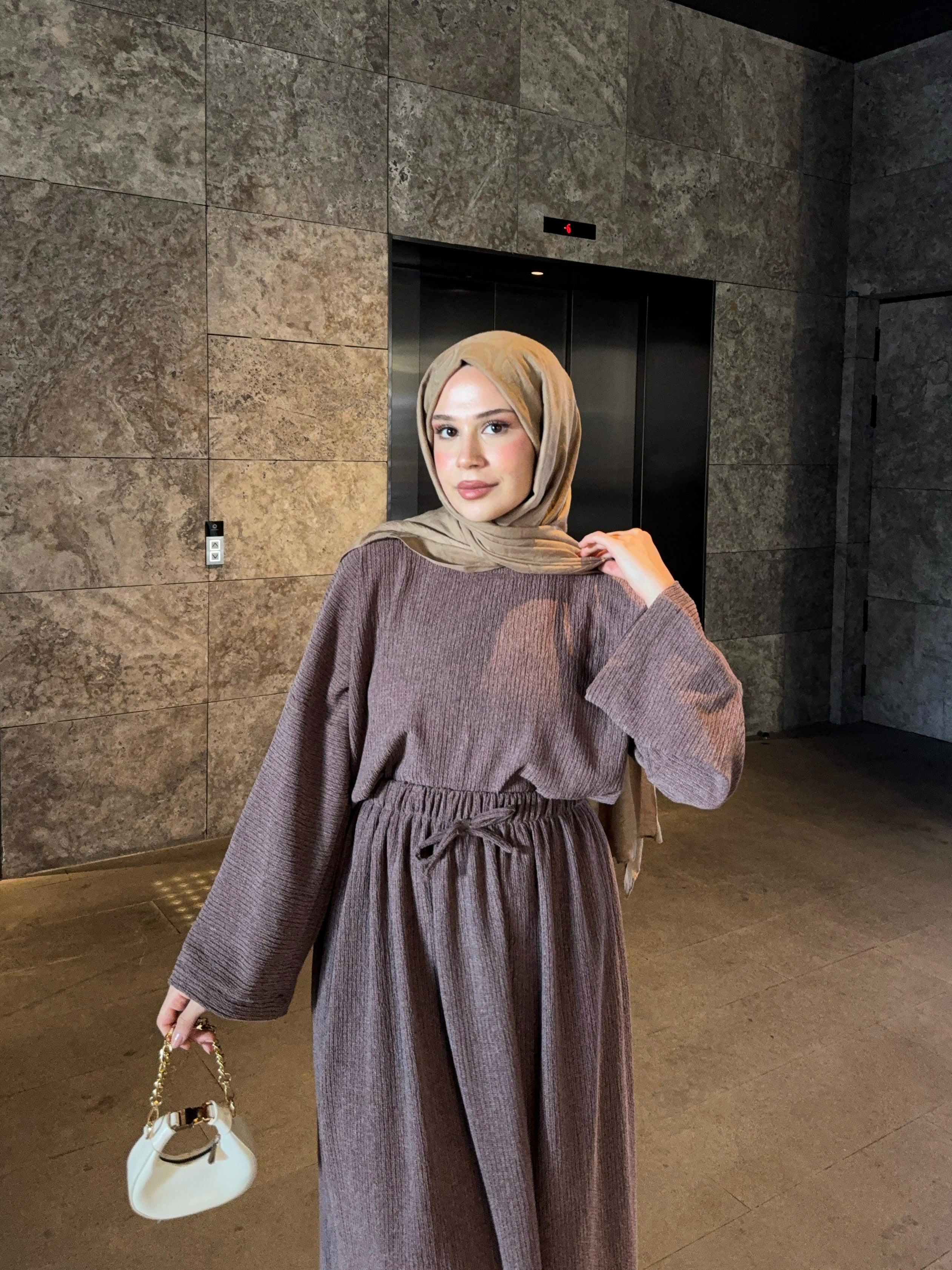 Kadın Örme Kahverengi Etekli Salaş Takım