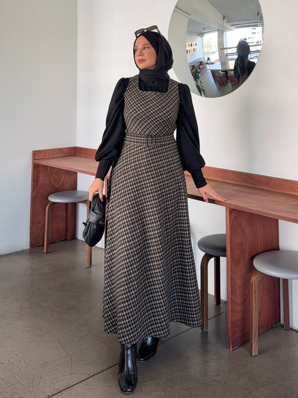 Ekoseli Kuşaklı Kışlık Kahverengi Jile