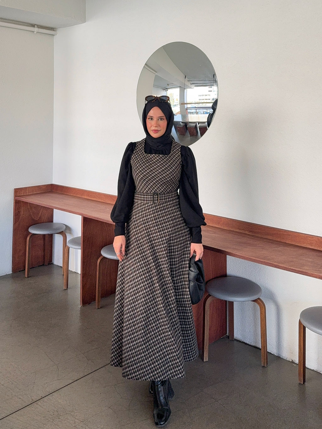 Ekoseli Kuşaklı Kışlık Kahverengi Jile