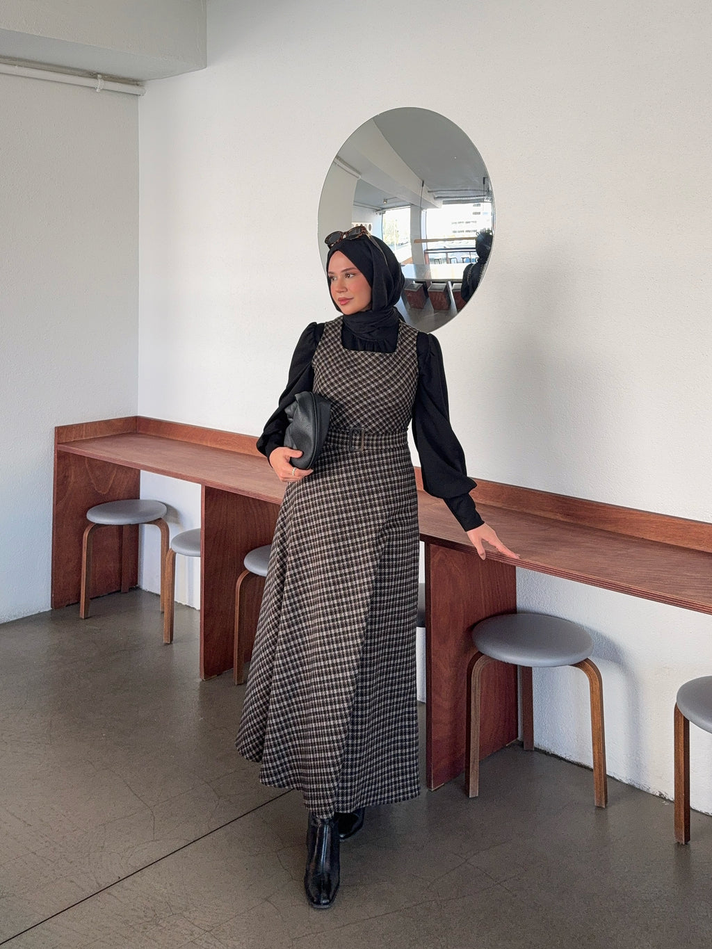 Ekoseli Kuşaklı Kışlık Kahverengi Jile