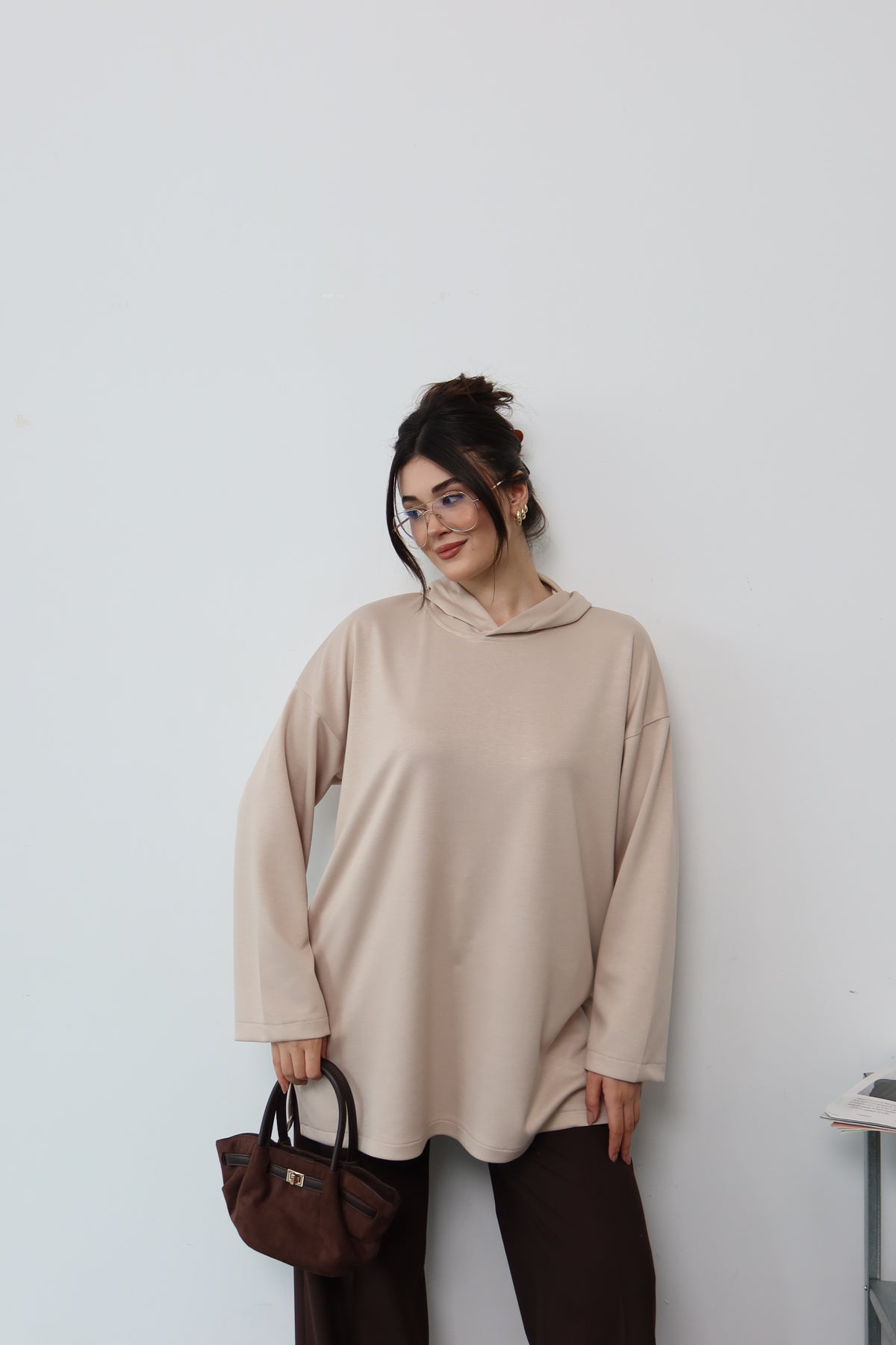 Krem Kapüşonlu Sweatshirt