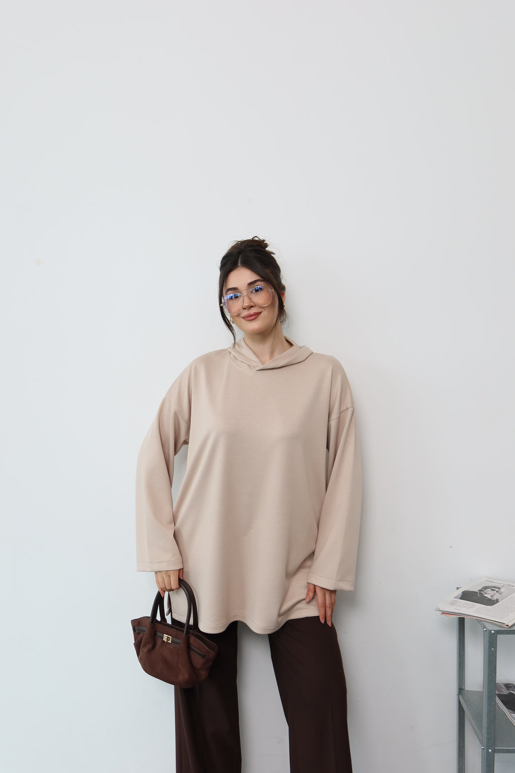 Krem Kapüşonlu Sweatshirt