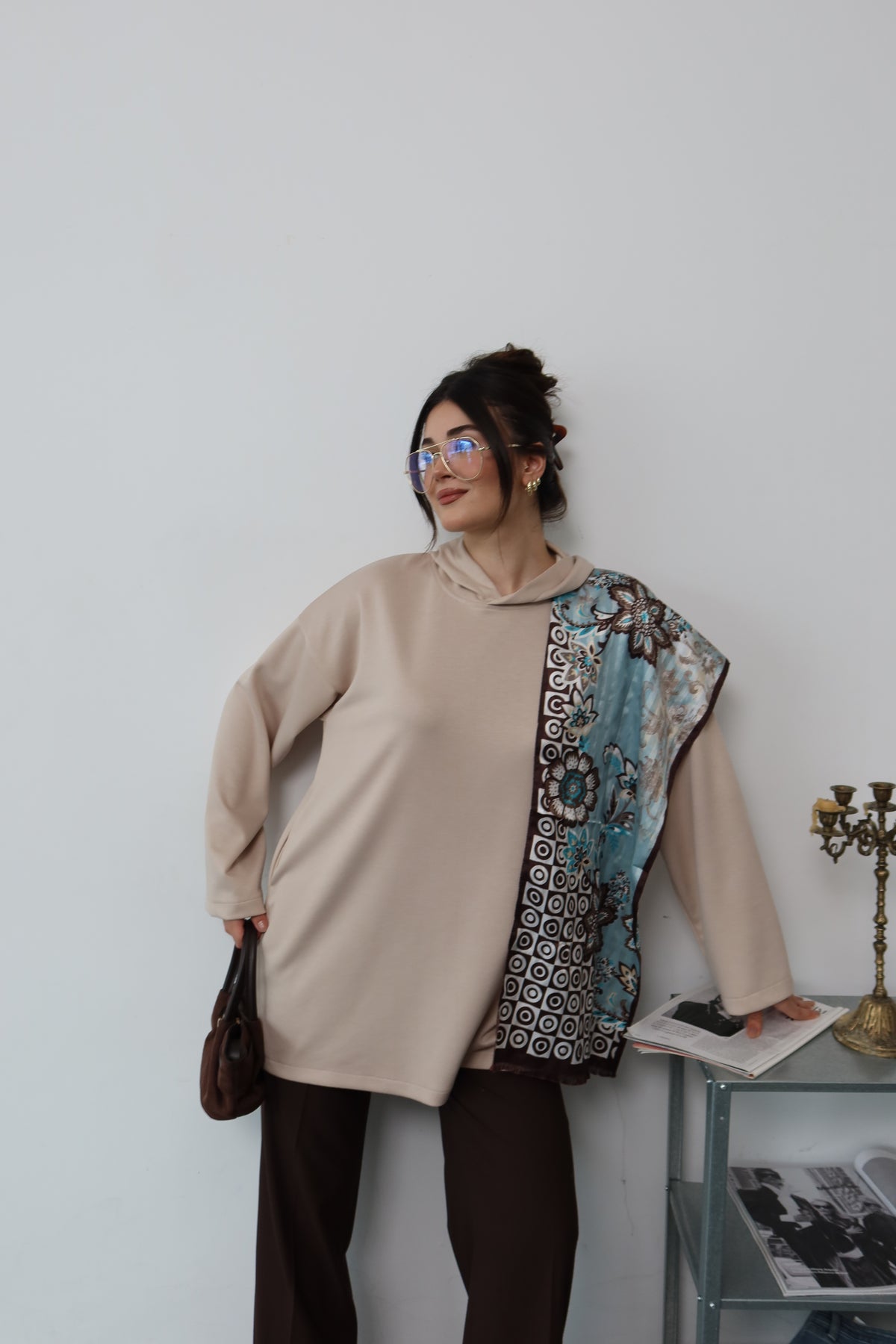 Krem Kapüşonlu Sweatshirt